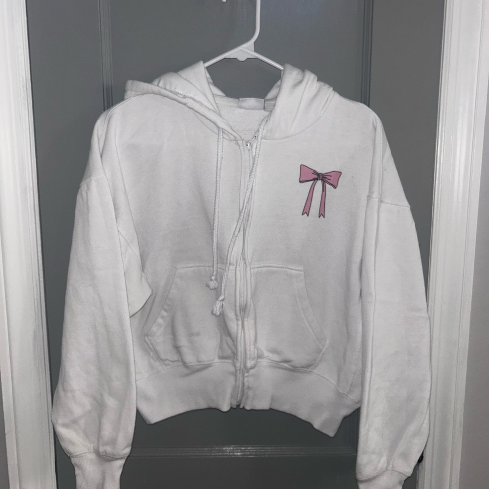 Mighty Fine White Zip Hoodie with Pink Bow Graphic